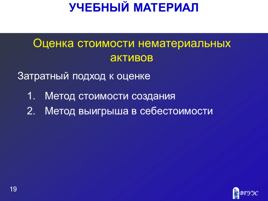 УЧЕБНЫЙ МАТЕРИАЛ 19 Оценка стоимости нематериальных активов Метод стоимости создания Метод выигрыша в себестоимости